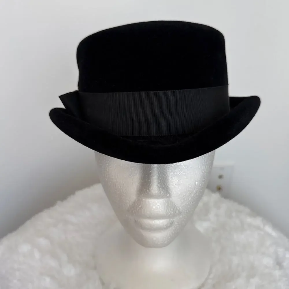 Vintage 50's French Black Velvet Cocktail Hat with Ribbon band retro veil style